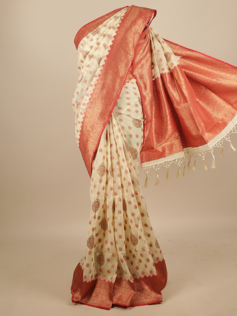 

Pothys Cream-Coloured & Red Ethnic Motifs Zari Jute Silk Saree