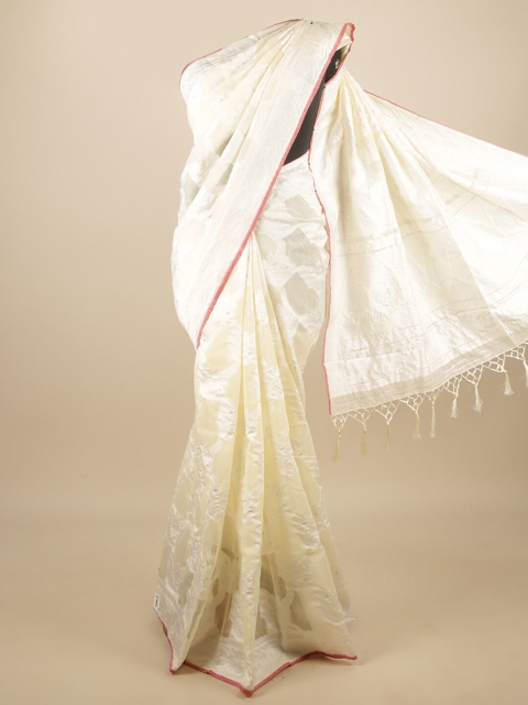 

Pothys Cream-Coloured & White Paisley Jute Silk Saree