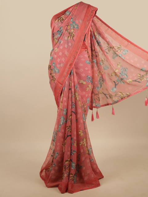 

Pothys Pink & Blue Floral Beads and Stones Saree