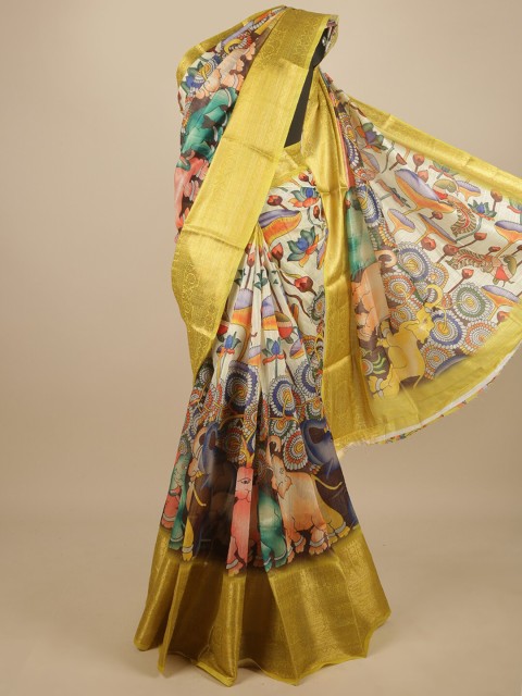 

Pothys White & Yellow Kalamkari Zari Saree