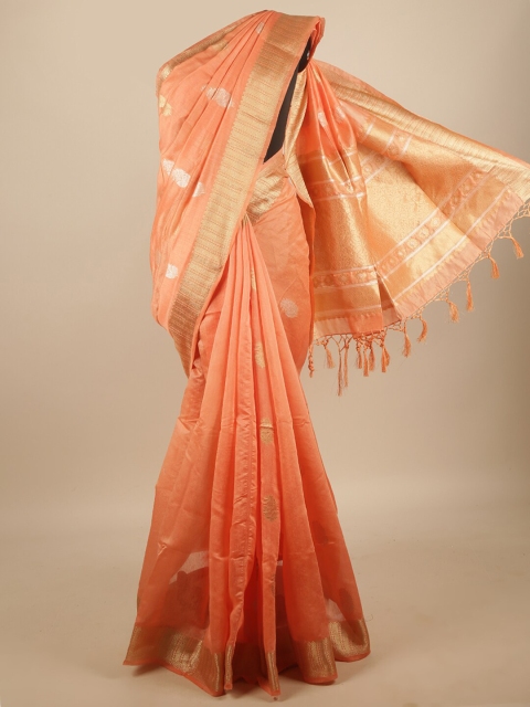 

Pothys Peach-Coloured & Gold-Toned Woven Design Zari Jute Silk Saree