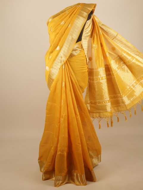 

Pothys Mustard & Gold-Toned Ethnic Motifs Zari Jute Silk Saree