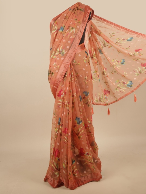 

Pothys Peach-Coloured & Green Floral Beads and Stones Saree