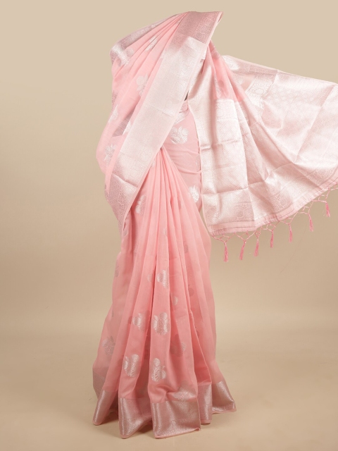 

Pothys Pink & Silver-Toned Woven Design Zari Jute Silk Saree