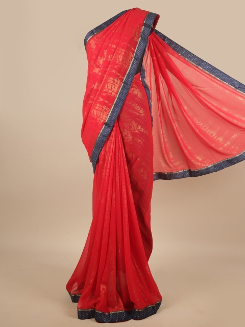 

Pothys Red & Gold-Toned Beads and Stones Poly Chiffon Saree