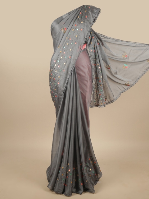 

Pothys Grey & Blue Floral Mirror Work Saree