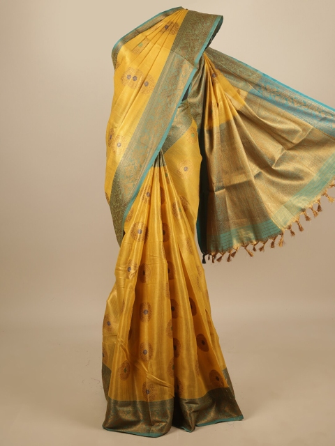 

Pothys Yellow & Turquoise Blue Ethnic Motifs Zari Jute Silk Saree