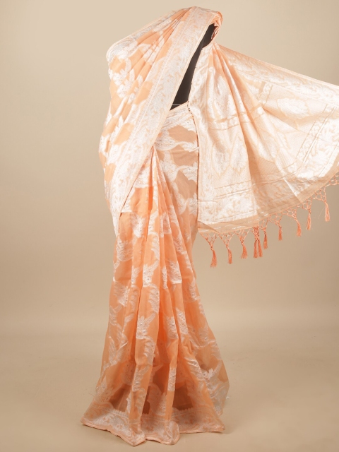 

Pothys Peach-Coloured & White Ethnic Motifs Jute Silk Saree