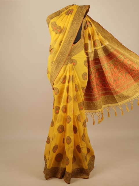 

Pothys Yellow & Gold-Toned Ethnic Motifs Zari Jute Silk Saree