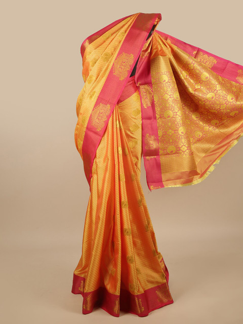 

Pothys Yellow & Pink Ethnic Motifs Zari Jute Silk Saree