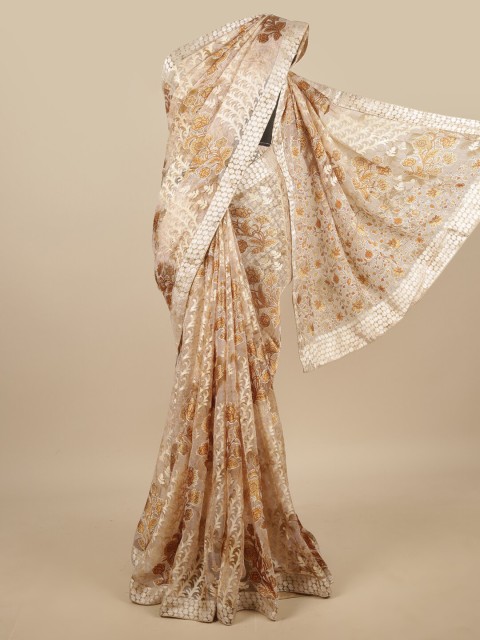 

Pothys Cream-Coloured & Brown Floral Printed Saree