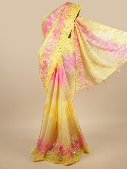 

Pothys Yellow & Pink Printed Beads & Stones Saree