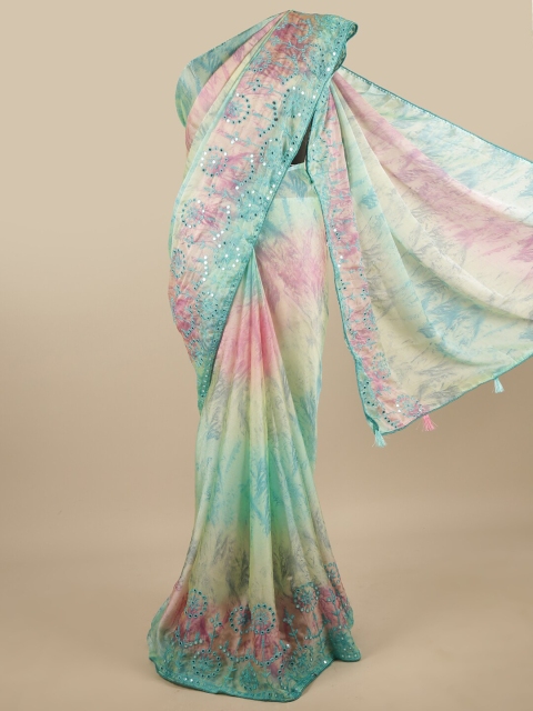 

Pothys Turquoise Blue & Pink Mirror Work Poly Chiffon Saree