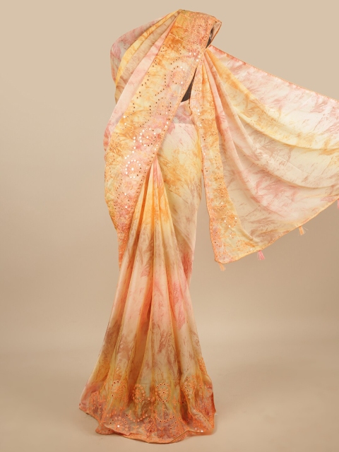 

Pothys Red & Yellow Mirror Work Poly Chiffon Saree