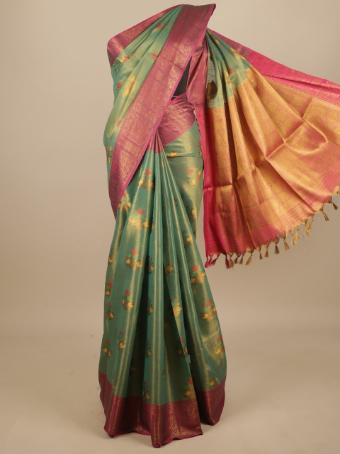 

Pothys Green & Pink Floral Zari Jute Silk Saree