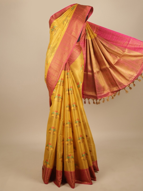 

Pothys Mustard & Pink Floral Zari Jute Silk Saree