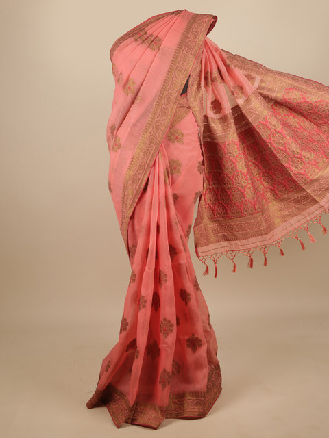 

Pothys Pink & Gold-Toned Ethnic Motifs Zari Jute Silk Saree