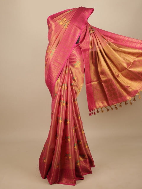 

Pothys Pink & Yellow Floral Zari Jute Silk Saree