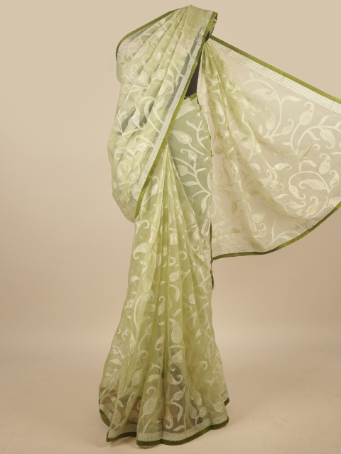 

Pothys Green & White Paisley Beads and Stones Jute Silk Saree