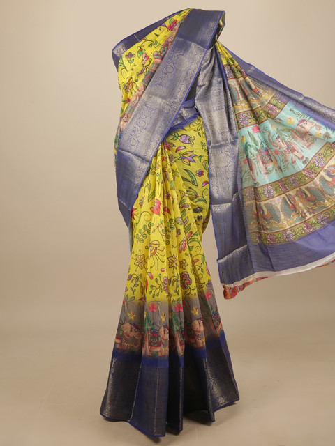 

Pothys Yellow & Blue Kalamkari Zari Saree