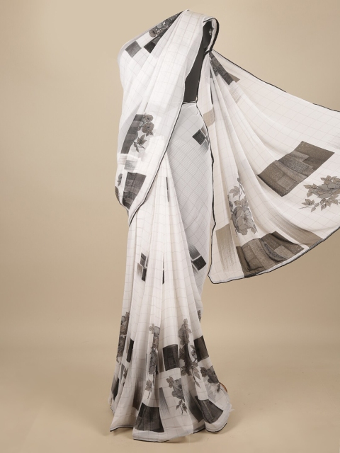 

Pothys White & Grey Floral Poly Chiffon Saree