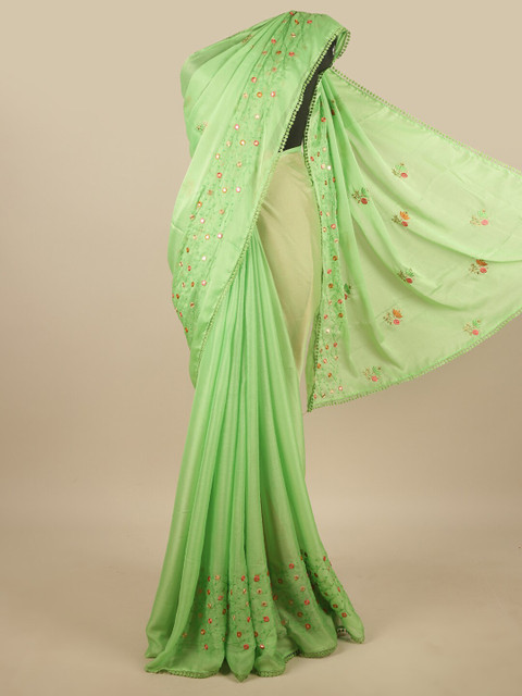 

Pothys Green & Pink Floral Mirror Work Saree