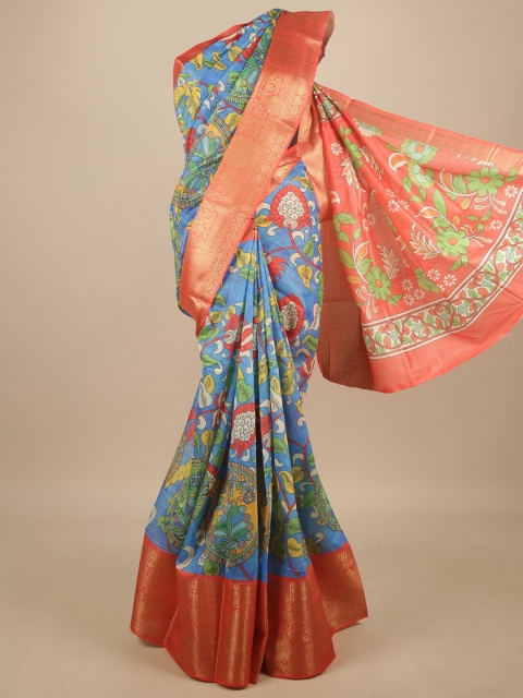 

Pothys Blue & Orange Kalamkari Zari Saree