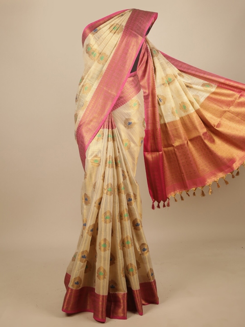 

Pothys Cream-Coloured & Pink Woven Design Zari Jute Silk Saree