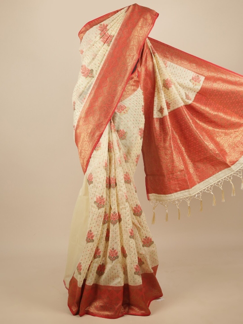

Pothys Cream-Coloured & Red Woven Design Jute Silk Saree