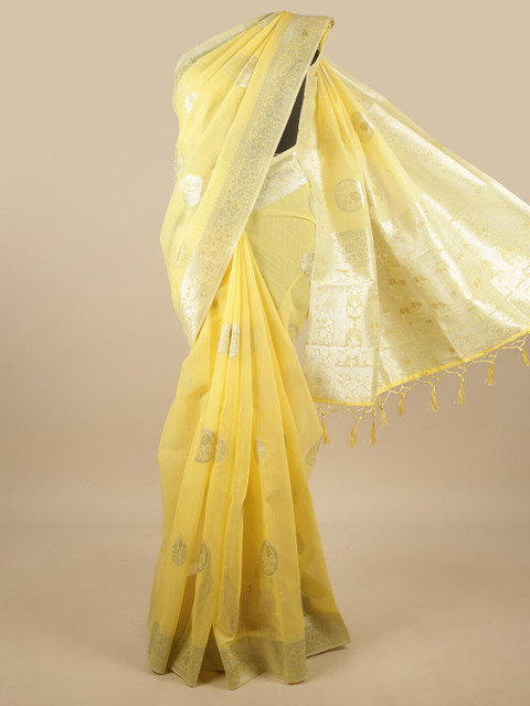 

Pothys Yellow & Silver-Toned Ethnic Motifs Jute Silk Saree