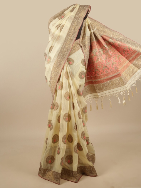 

Pothys Cream-Coloured & Gold-Toned Ethnic Motifs Zari Jute Silk Saree