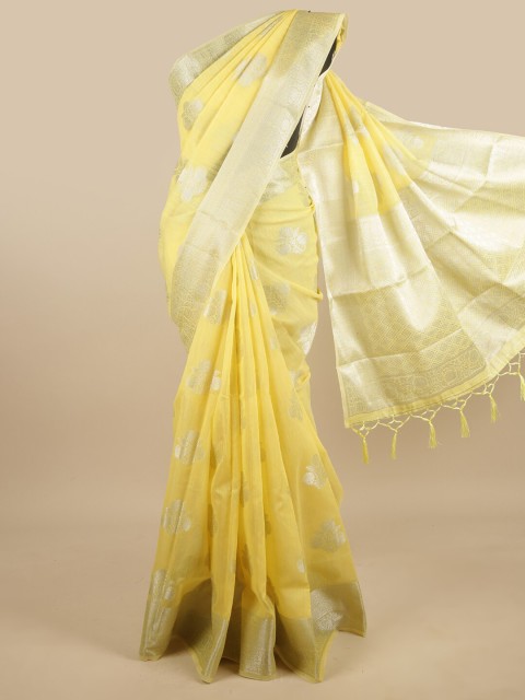 

Pothys Yellow & Silver-Toned Floral Zari Jute Silk Saree