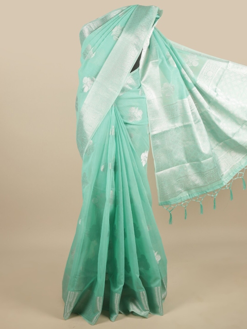 

Pothys Turquoise Blue & Silver-Toned Floral Zari Jute Silk Saree