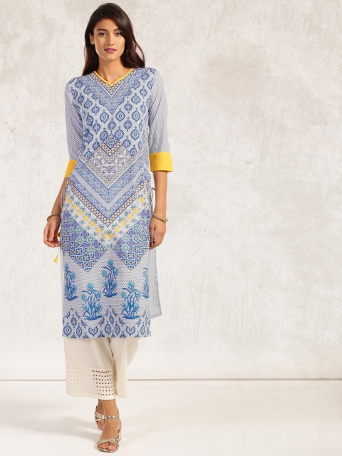 

Anouk Women White & Blue Printed Straight Kurta