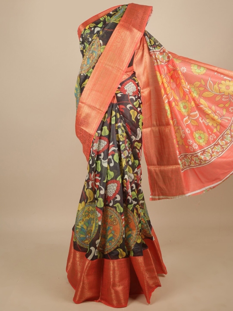 

Pothys Black & Orange Kalamkari Zari Saree
