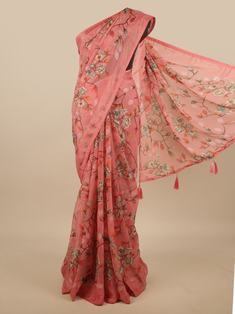 

Pothys Pink & Blue Floral Beads and Stones Saree