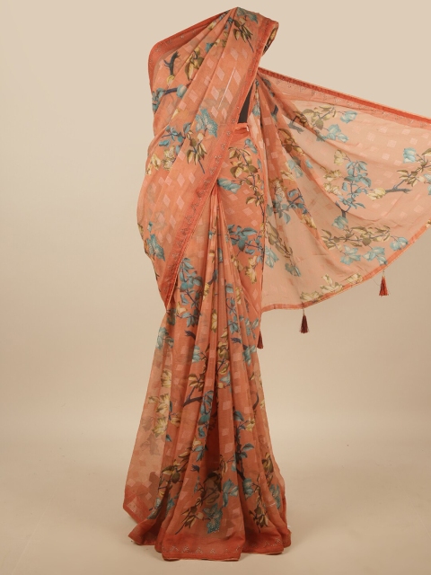 

Pothys Rust & Blue Floral Printed Beads & Stones Saree