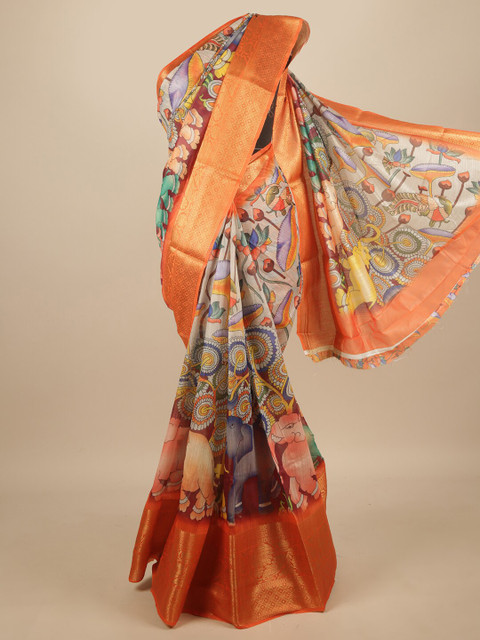 

Pothys White & Orange Kalamkari Zari Saree