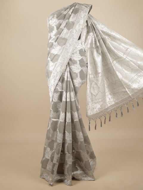 

Pothys Grey & Silver-Toned Floral Jute Silk Saree
