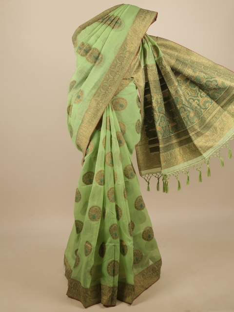 

Pothys Green & Gold-Toned Ethnic Motifs Zari Jute Silk Saree