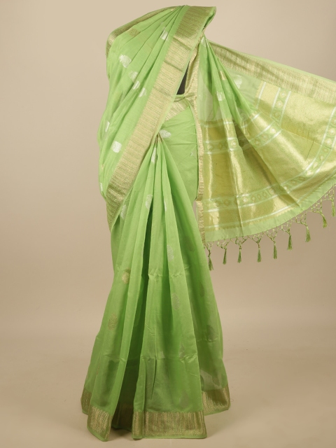 

Pothys Green & Gold-Toned Ethnic Motifs Zari Jute Silk Saree