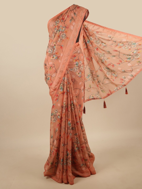 

Pothys Peach-Coloured & Blue Floral Beads and Stones Poly Chiffon Saree