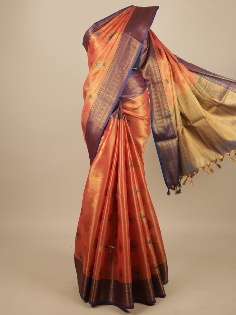 

Pothys Orange & Blue Ethnic Motifs Zari Jute Silk Saree