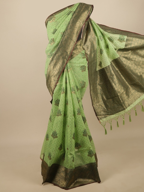 

Pothys Green & Gold-Toned Ethnic Motifs Zari Jute Silk Saree