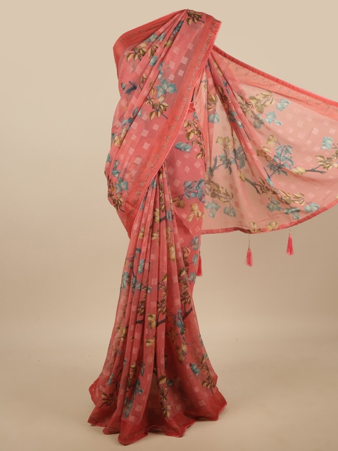 

Pothys Pink & Blue Floral Beads and Stones Poly Chiffon Saree