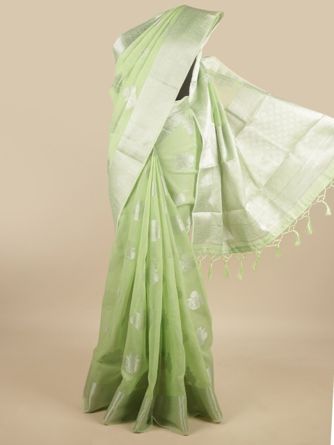 

Pothys Green & Silver-Toned Floral Zari Jute Silk Saree