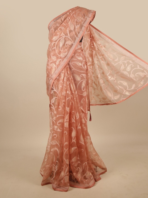 

Pothys Pink & Silver-Toned Woven Design Jute Silk Saree