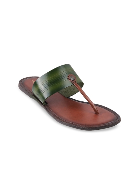 

Mochi Women Green & Brown Colourblocked Leather Ethnic T-Strap Flats