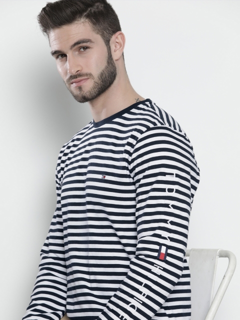 

Tommy Hilfiger Men Navy Blue & White Striped Pure Cotton T-shirt