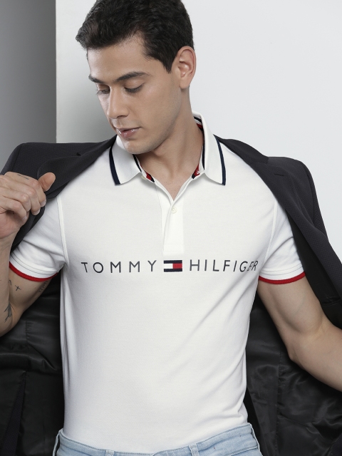 

Tommy Hilfiger Men White & Blue Printed Polo Collar Slim Fit T-shirt